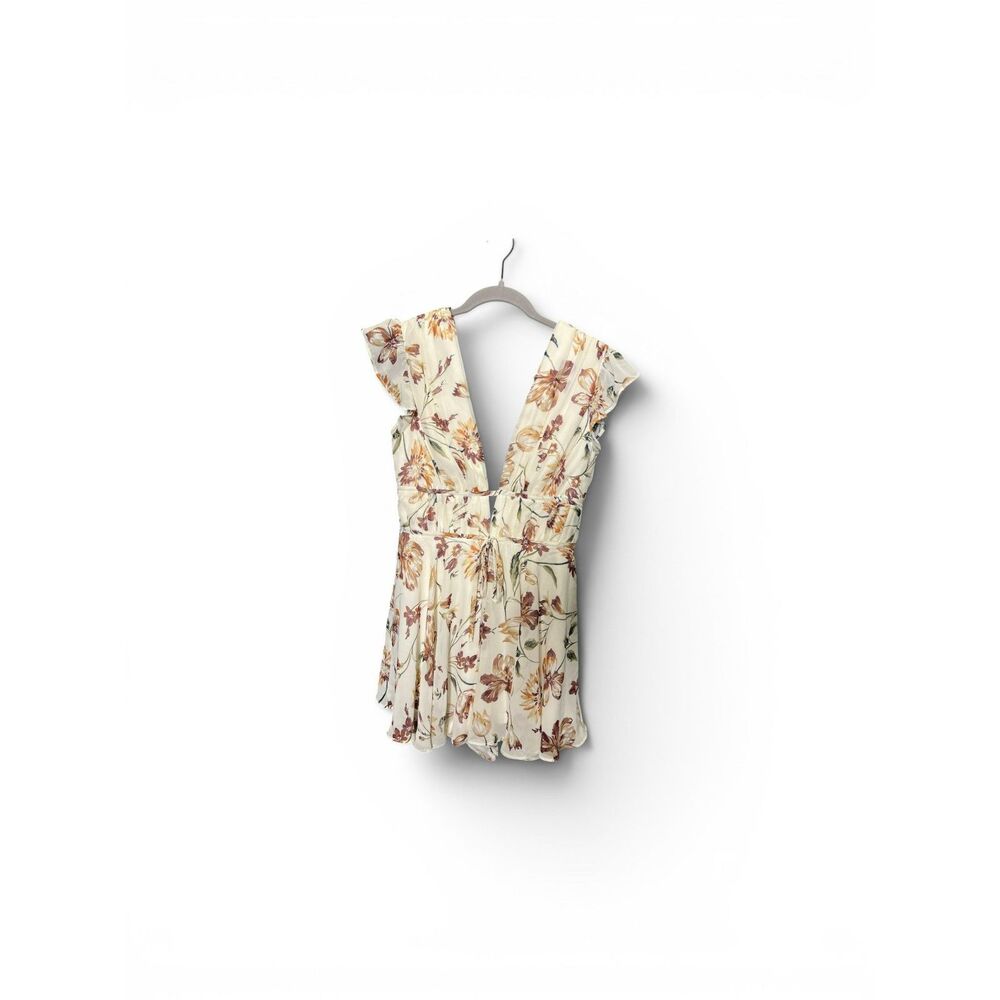 Womens Lulus Floral Romper Dress Small Cream Brown V Neck Flutter Sleeve Lined - Picture 2 of 10